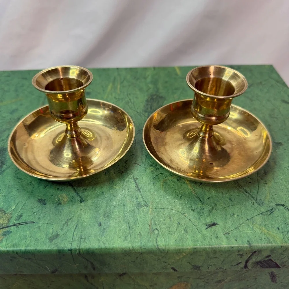 Vintage Solid Brass Chamberstick Taper Candle Holder Set Gold Saucer Base 2pc